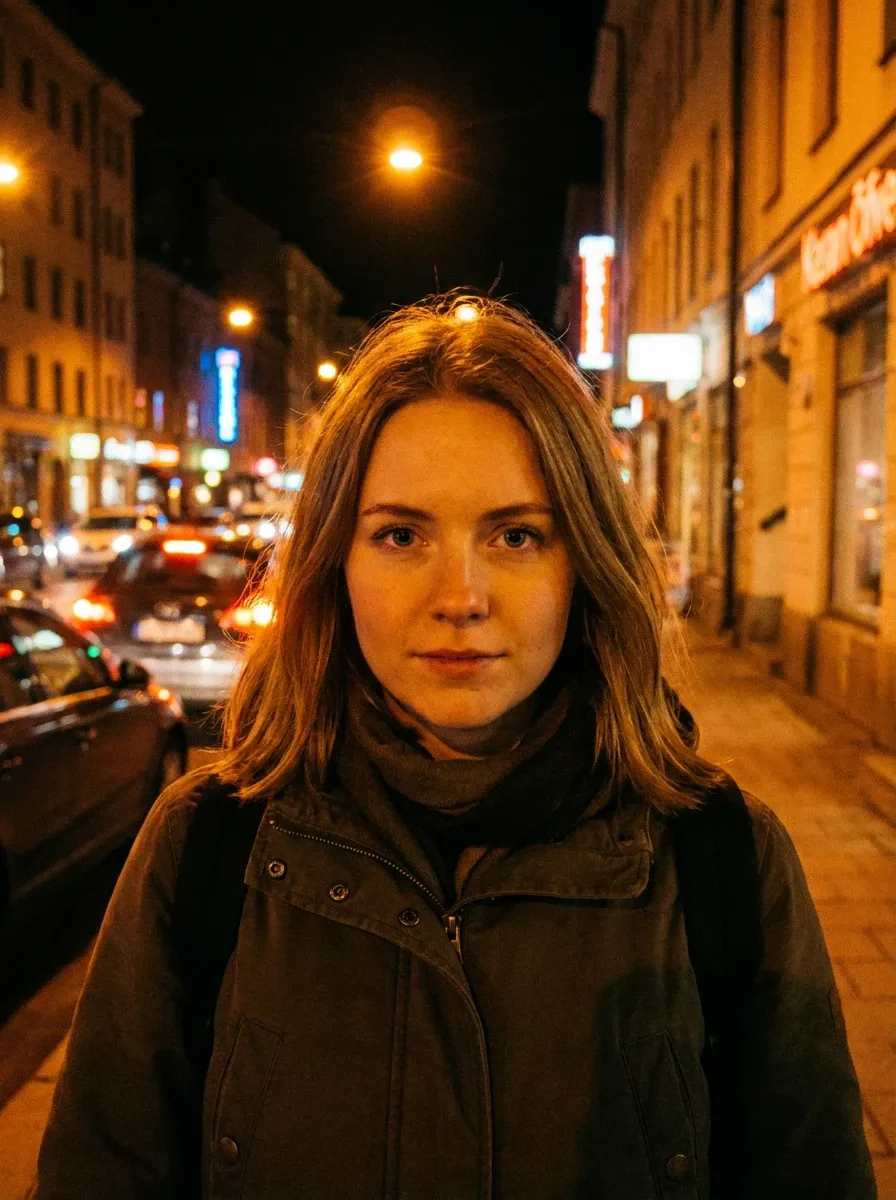 Original selfie input — woman in dark outerwear on a night street